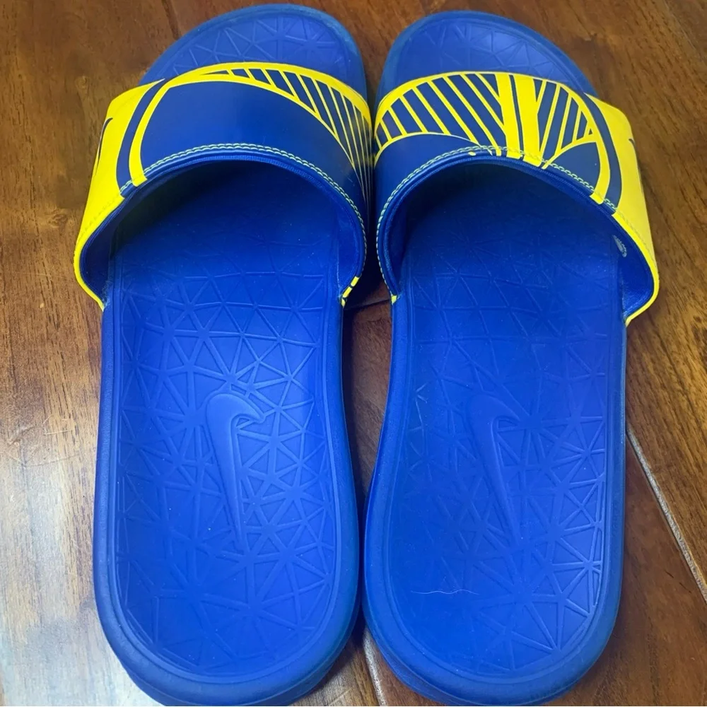 Nike Blue Yellow Golden State Warriors Benassi Solarsoft NBA Slides Mens Size 9